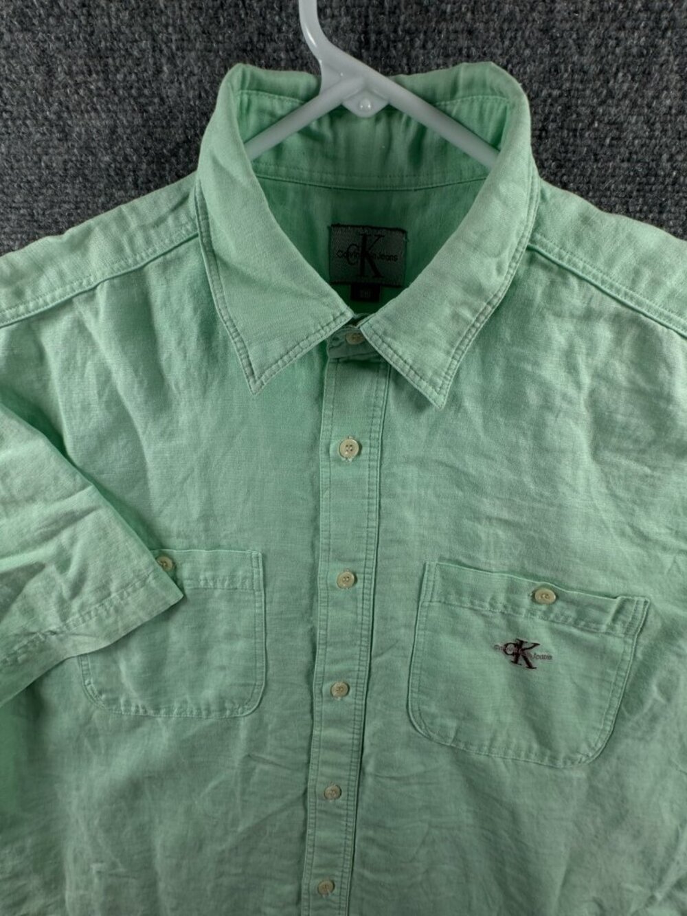 Calvin Klein Sport Linen Men Short Sleeve Button Up Shirt Green Size 100 (L/XL)